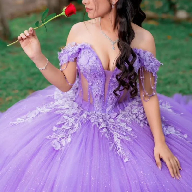 

Shiny Purple Quinceanera Dress off-shoulder Lace layering flower decal Long tail vestidos de 15 Quinceanera ﻿Customize