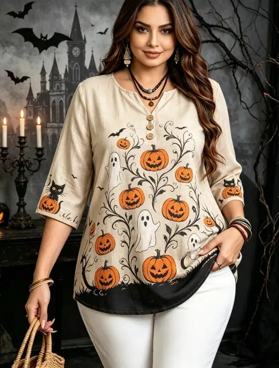 Plus Size Halloween Printed Blouse Cotton Blend Notch V Neck 3/4 Sleeve  Button Casual Tops