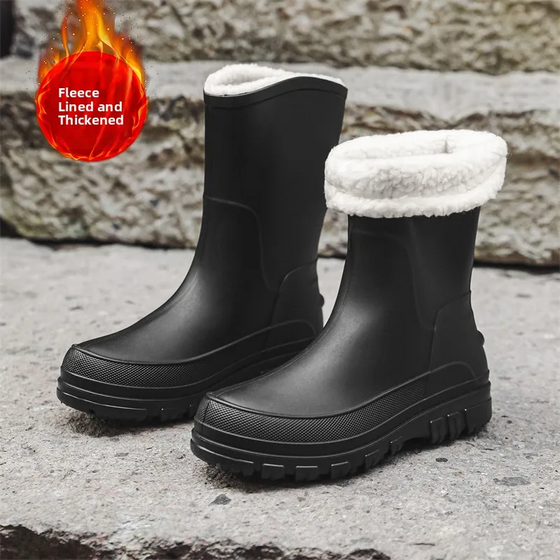 

Мужские резиновые сапоги Thiened Fce до середины икры, зимние нескользящие водонепроницаемые сапоги без шнуровки для кухни и автомобиля Wa Water oes, большие размеры