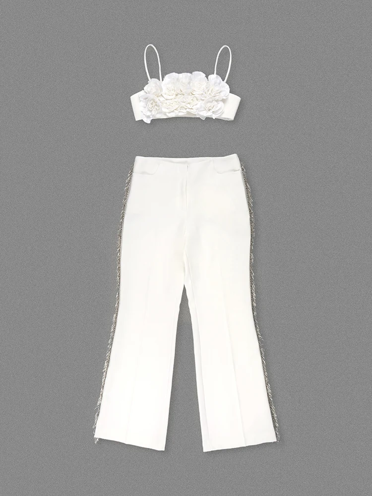 レディース ホワイトパンツ ツーピースセット セクシー ノースリーブ 3Dスパンコール 花柄クロップトップ + タッセルディテールパンツスーツ イブニングパーティー カクテル