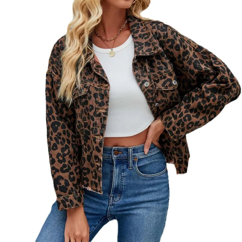 Fashion Leopard Print Tassel Hem Jacket Women Casual Outerwear Female Spring Autumn Lapel Single-breasted Cardigan Denim Coat