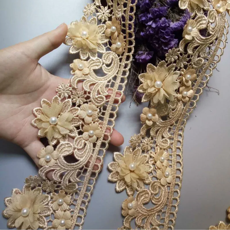 1 yard Gold Pearl Beaded Embroidered Flower Lace Trim Floral Applique Patches Fabric Sewing Craft Vintage Wedding Dress