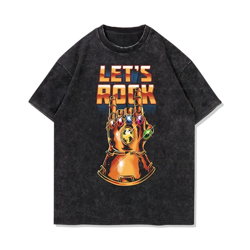 

TEE7 Marvel Avengers Mieba Gloves Rock American Heavy Weight High Street Washed Used Cotton Loose Short Sleeve T-shirt