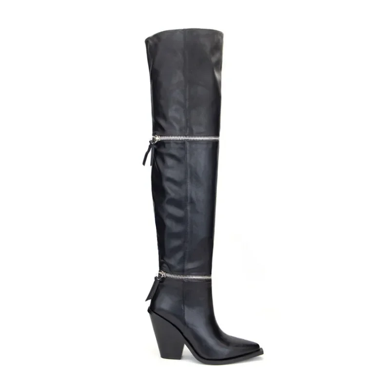 2026 Women Dark Gothic Style Cool Pull Over Knee Long Boots Wrinkled Lazy Metal Zipper Decoration Runway Show Western Boots