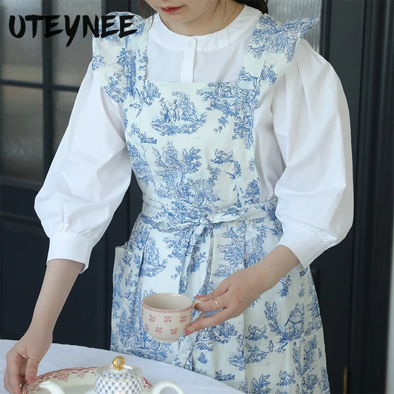 

Long Waterproof Cotton Ruffled Apron with Pocket Retro Pleated Cross-back Women's Kitchen Apron for Cooking Garden Work Pinafore
