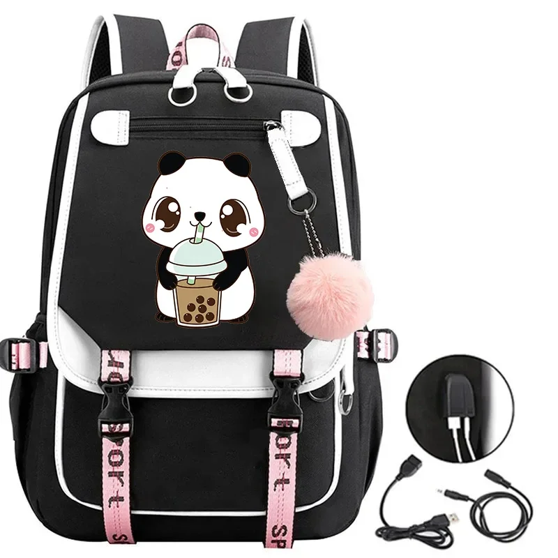 

Fox Panda Drink Milk Tea Print Usb Charging Backpacks Girls Cute Boba Tea School Bags Student Fashion Bookbag Teenage Laptop Bag