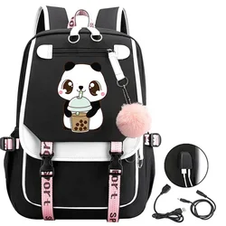 Fox Panda Drink Milk Tea Print Usb Charging Backpacks Girls Cute Boba Tea School Bags Student Fashion Bookbag Teenage Laptop Bag