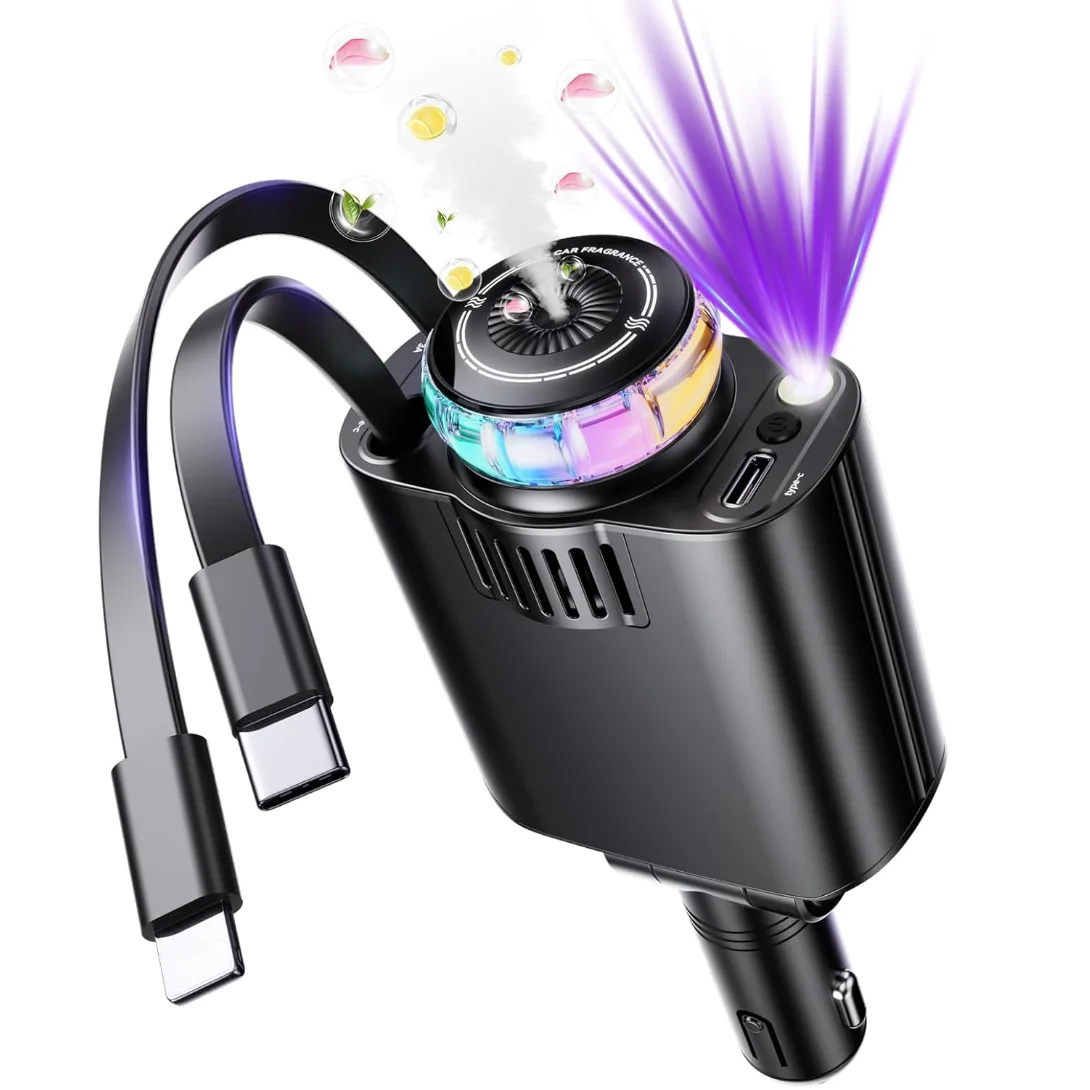 

Starlight 5-in-1 Car Charger – 45W PD/USB-C Fast Charge Retractable Cable Aromatherapy Diffuser LED Roof Light 360° Adjustable