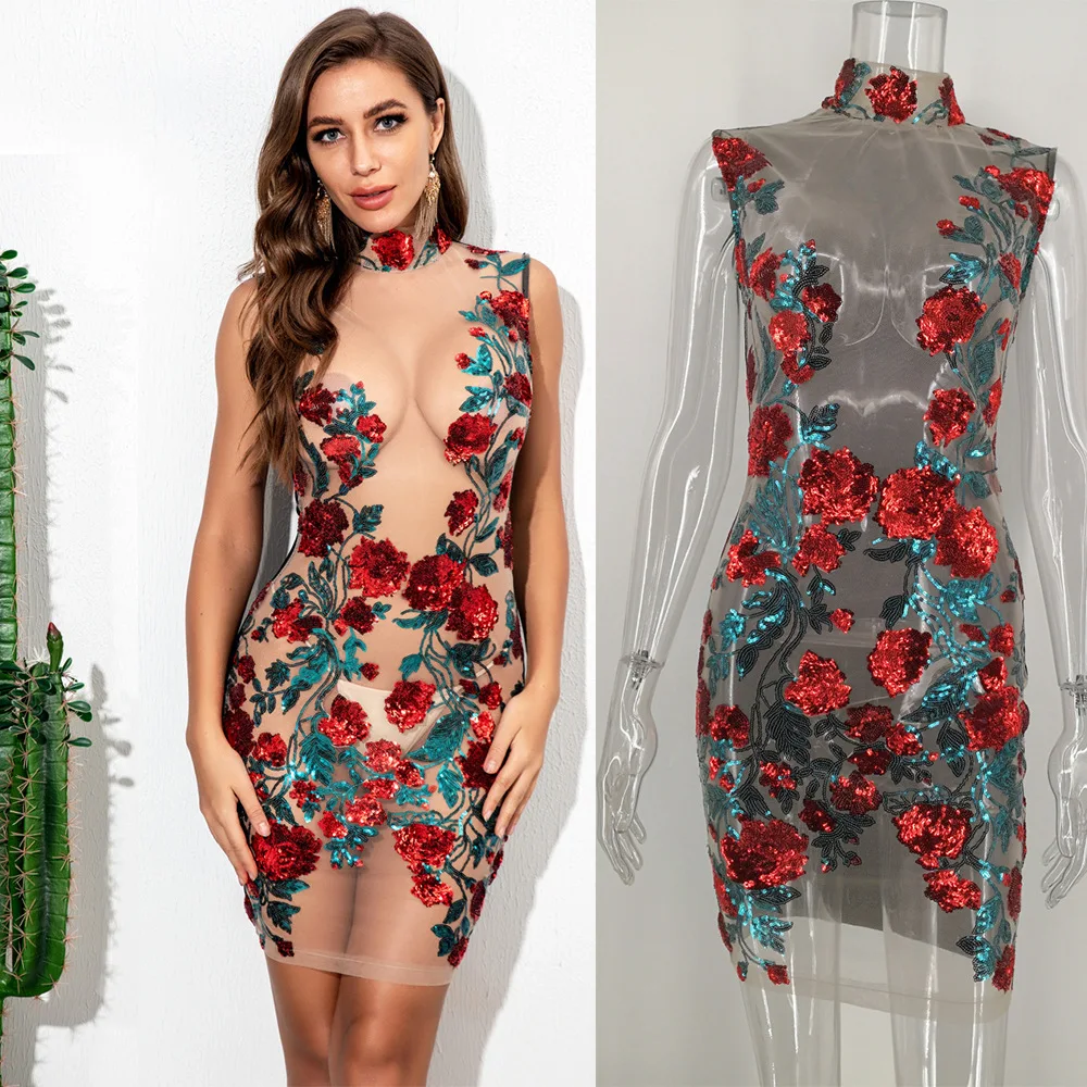 2024 Abito da club senza maniche in rete trasparente con paillettes Abito da sera formale aderente sexy Mini Party Night Out Glitter per le donne