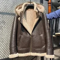 Winter Jackets for Men Nature Real Sheepskin Fur Coats Warm Hooded Motorcycle jacket Genuine Leather Jacket Men Jaqueta