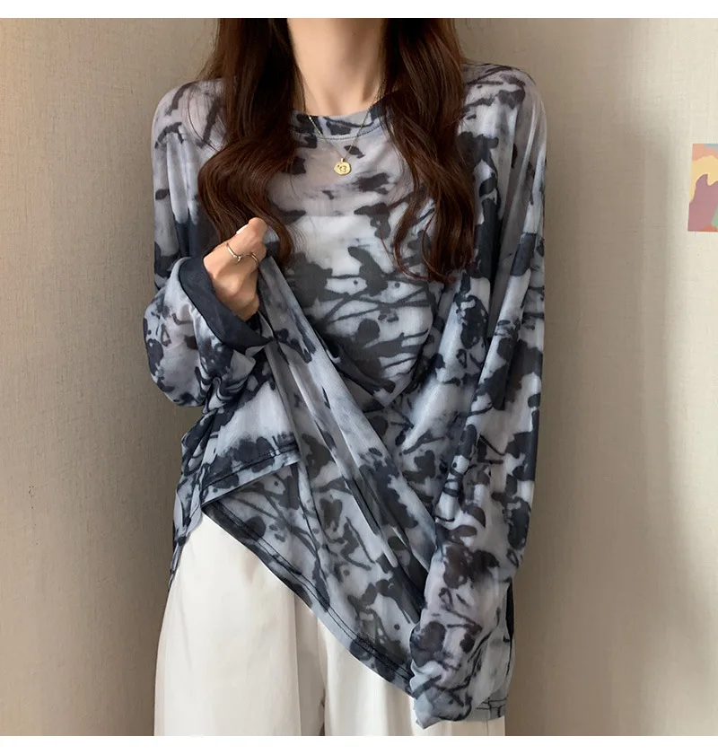 Mesh Sun Protection Shirt New Summer Casual Printed Pullover Long Sleeve Women's T-shirt Sheer Top image 6