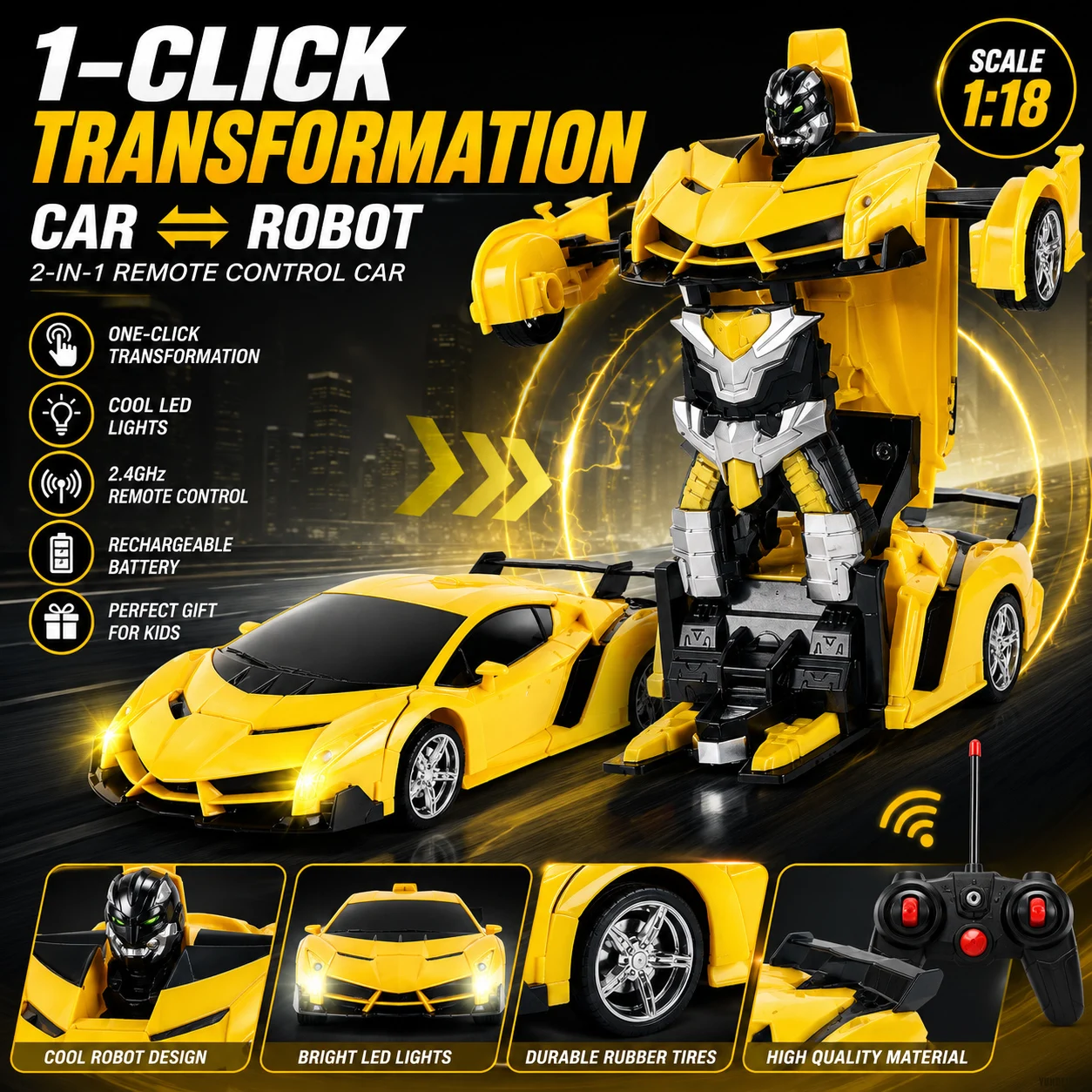 1:18  Transforming Robot Car 2.4GHz Remote Control Deformation Sports Car with LED Lights Rechargeable Battery Gift Toy for Kids