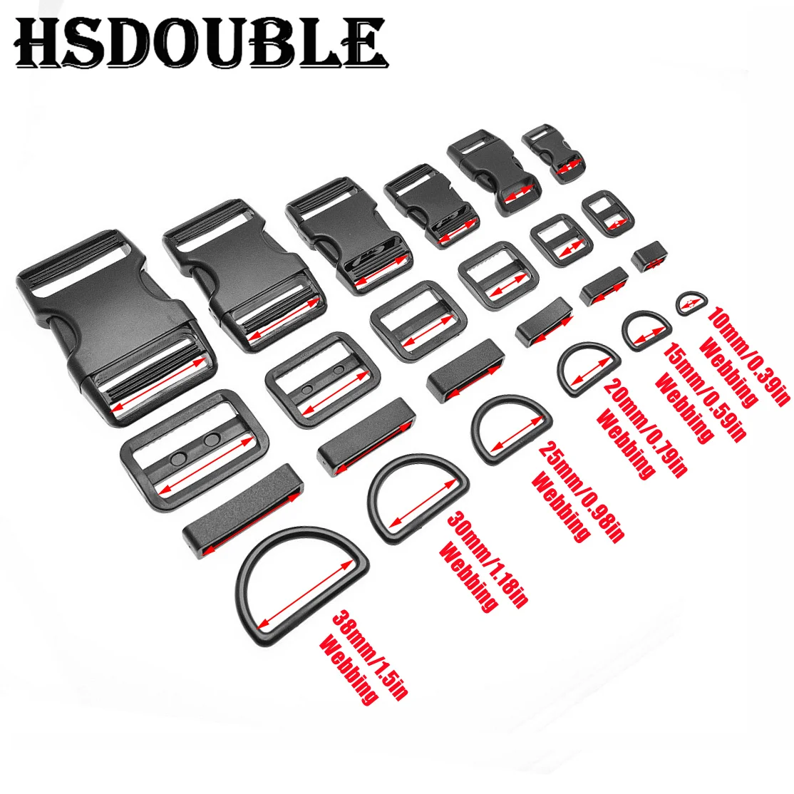 1 Set 10mm 15mm 20mm 25mm 30mm 38mm Plastic Slider Adjustable D Rings Belt Loop Curved Side Release Buckles For Paracord