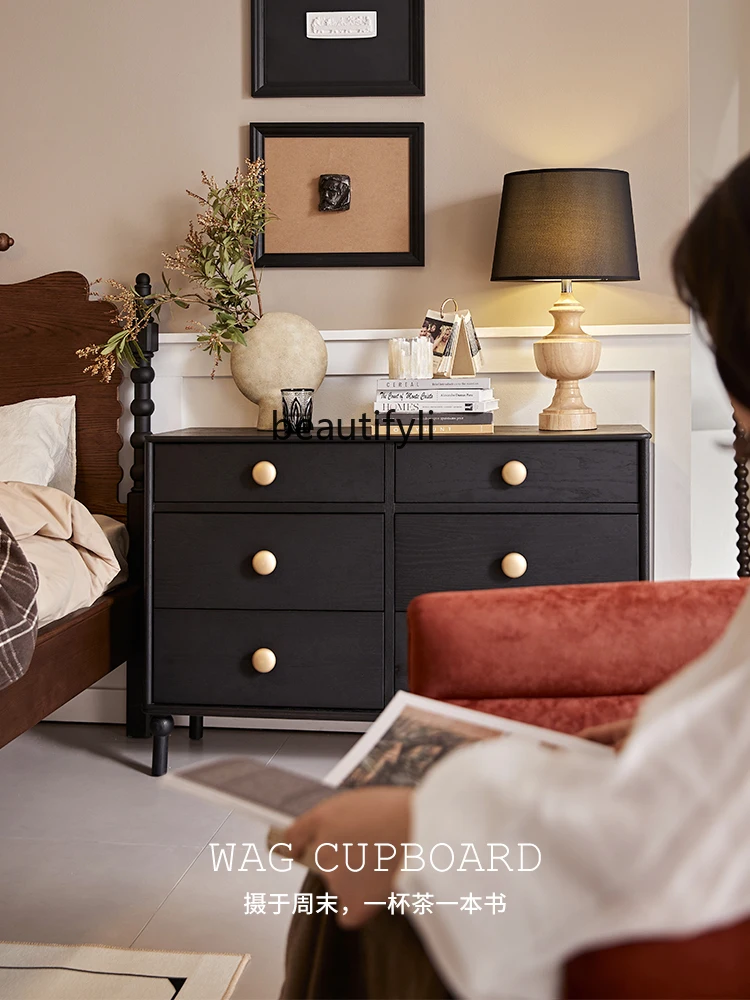 French Style Storage Cabinet, Mid-Ancient Chest of Drawers, Light Retro Solid Wood, Bedroom and Living Room