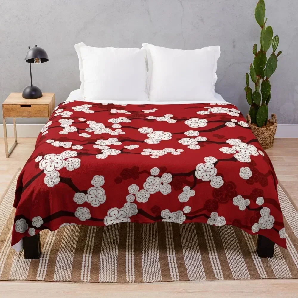 White Oriental Cherry Blossoms On Red | Zen Japanese Sakura Flowers ? fatfatin Throw Blanket