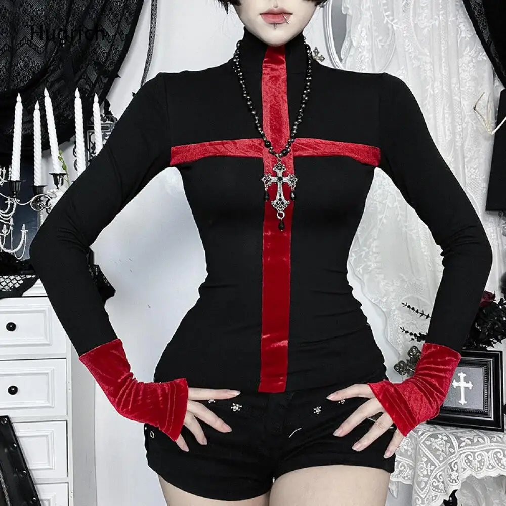 Daily Punk Slim Long Sleeve Top Solid Black Mock Neck Red Velvet Cross Panel Contrast Flared Cuff Blouse