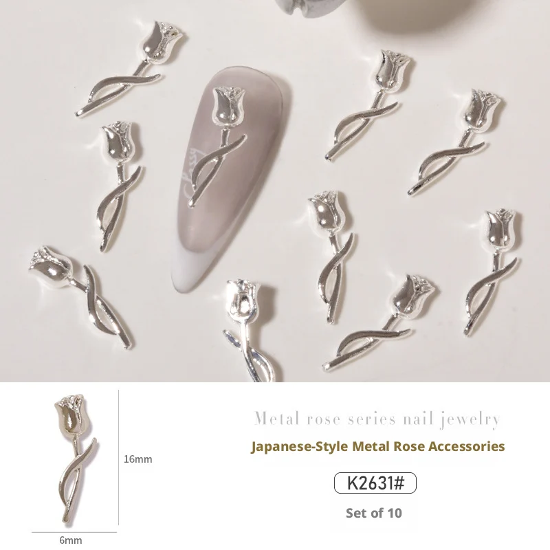 YYM 10 Stück 3D Legierung Rosen-Blumen Nagelkunst-Dekoration Elegante Gold-Silber Florale Nagelschmuckstücke DIY Maniküre-Zubehör