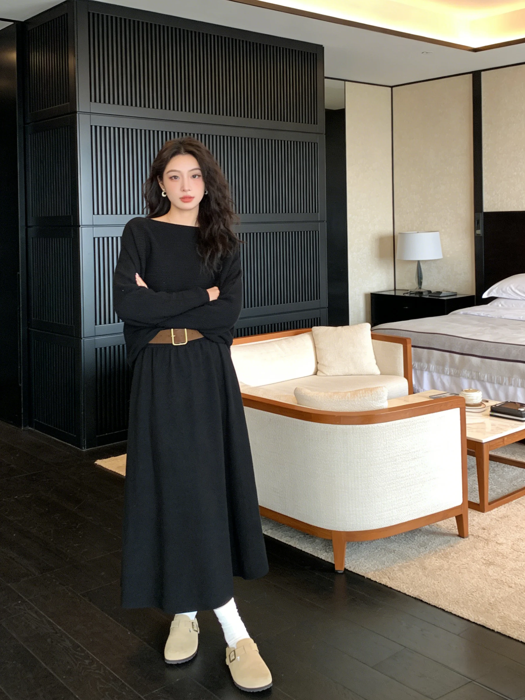 

Женский вязаный комплект Hebe Sle: новый весенний свободный свитер и драпированная юбка, комплект из двух предметов в корейском стиле, свободный крой, повседневный модный образ