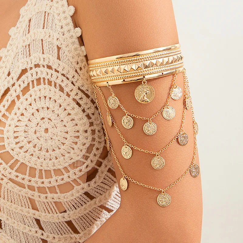 1pc New Multilayer Tassel Coin Shape Pendant Upper Arm Bracelet For Women Open Cuff Bangles Couple Hand Ornaments Gift