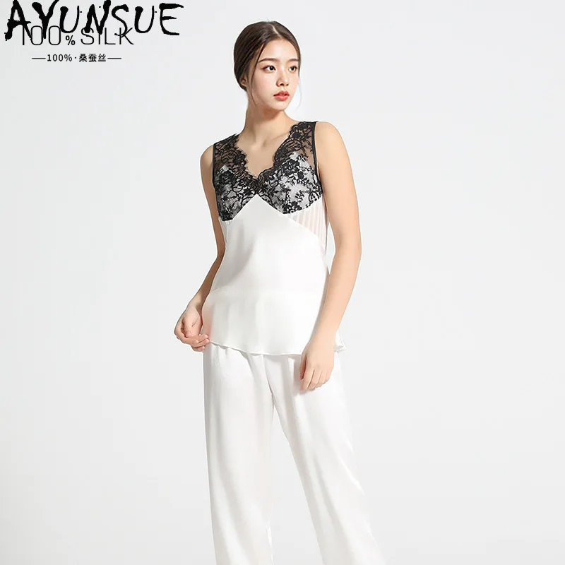 

AYUNSUE 100% шелковые женские комплекты, стильные пижамные комплекты, топы без рукавов, летние пижамы для женщин, высокое качество, пижама женская