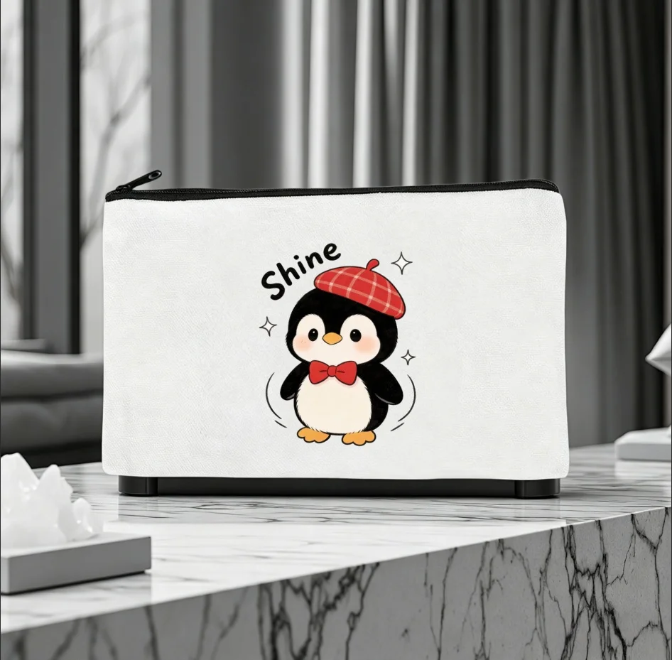 1PC Double Sided Print Cartoon Penguin With Red Plaid Hat Shine Letter Canvas Zipper Cosmetic Storage Pouch