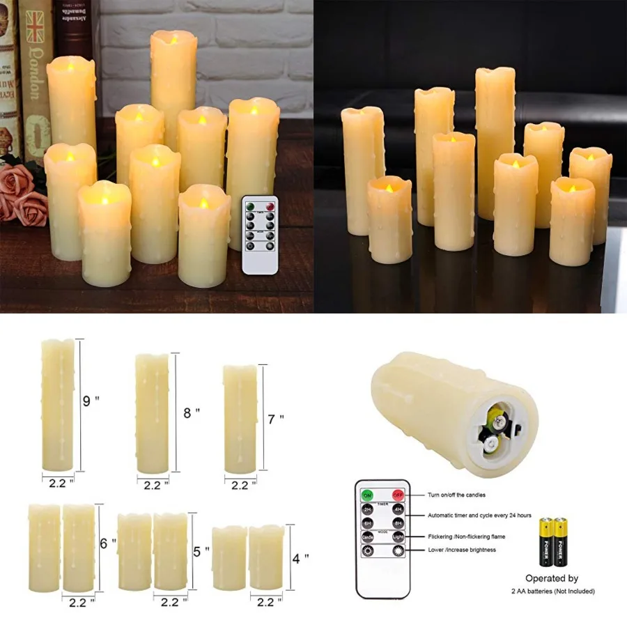 

Flameless Flickering Candles Battery Operated with Remote and Timer, Set of 9 Dripping Real Wax Warm Light LED Pillar Candles f