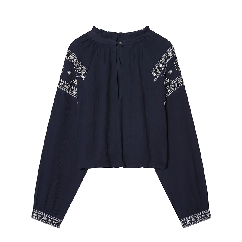 YENKYE Vintage Boho Women Navy Blue Embroidery Blouse Ruffle Round Neck Long Sleeve Casual Top