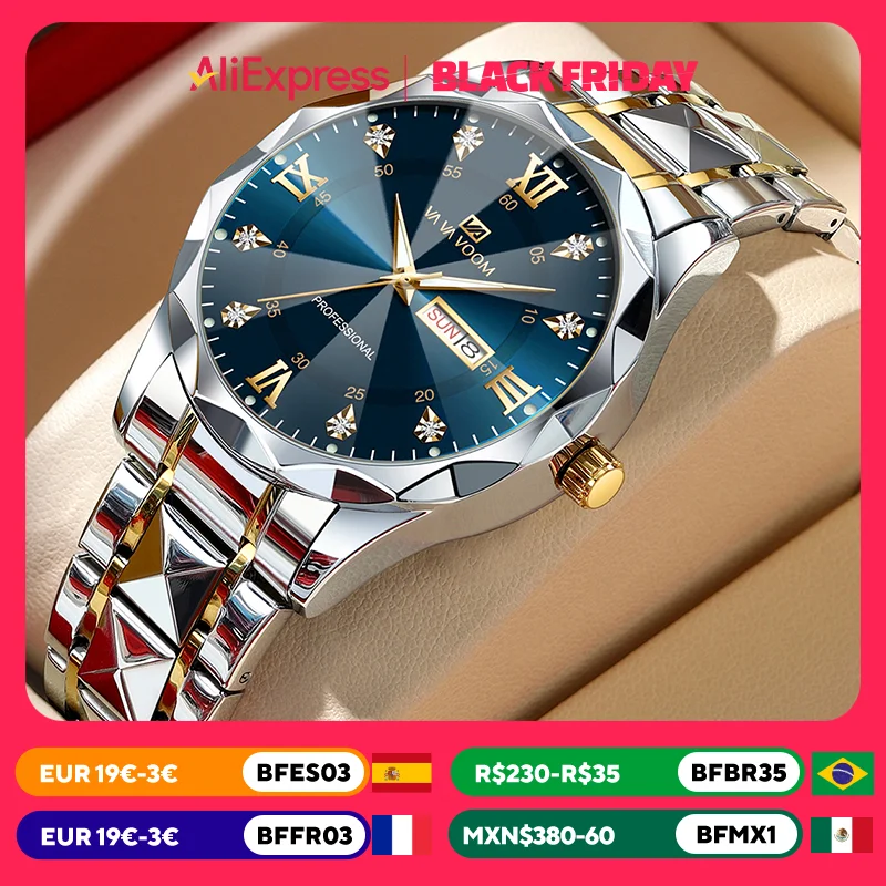 Men Watch Water Diamond Luxury Night Glow Double Calendar Quartz Movement 41mm Blue Gold Stainless Steel Fashion Business Watch