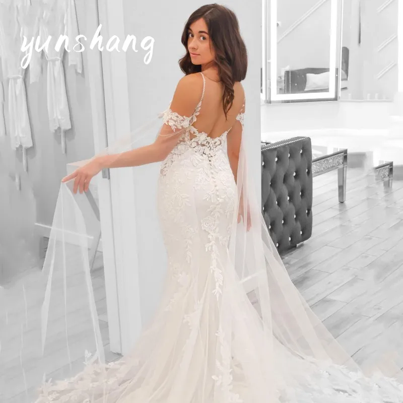 Yunshang Customized Wedding Dress Bridal Gown Lace Appliques Off Shoulder V Neck Mermaid Backless Train Elegant Stylish Unique