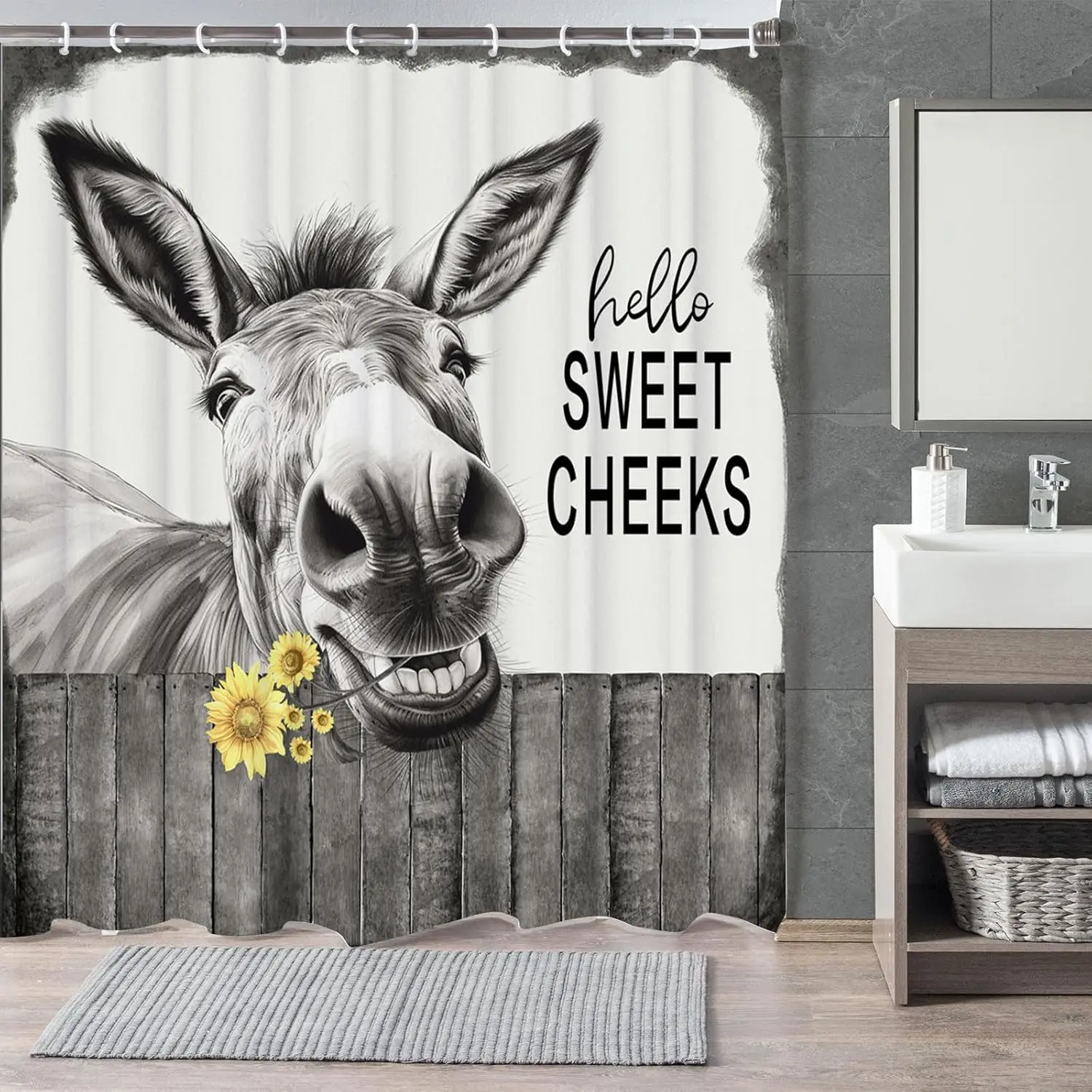 

Funny Donkey Shower Curtain with Hello Sweet Cheeks Text and Sunflowers Rustic Farm Animal Humor Decor for Bathroom
