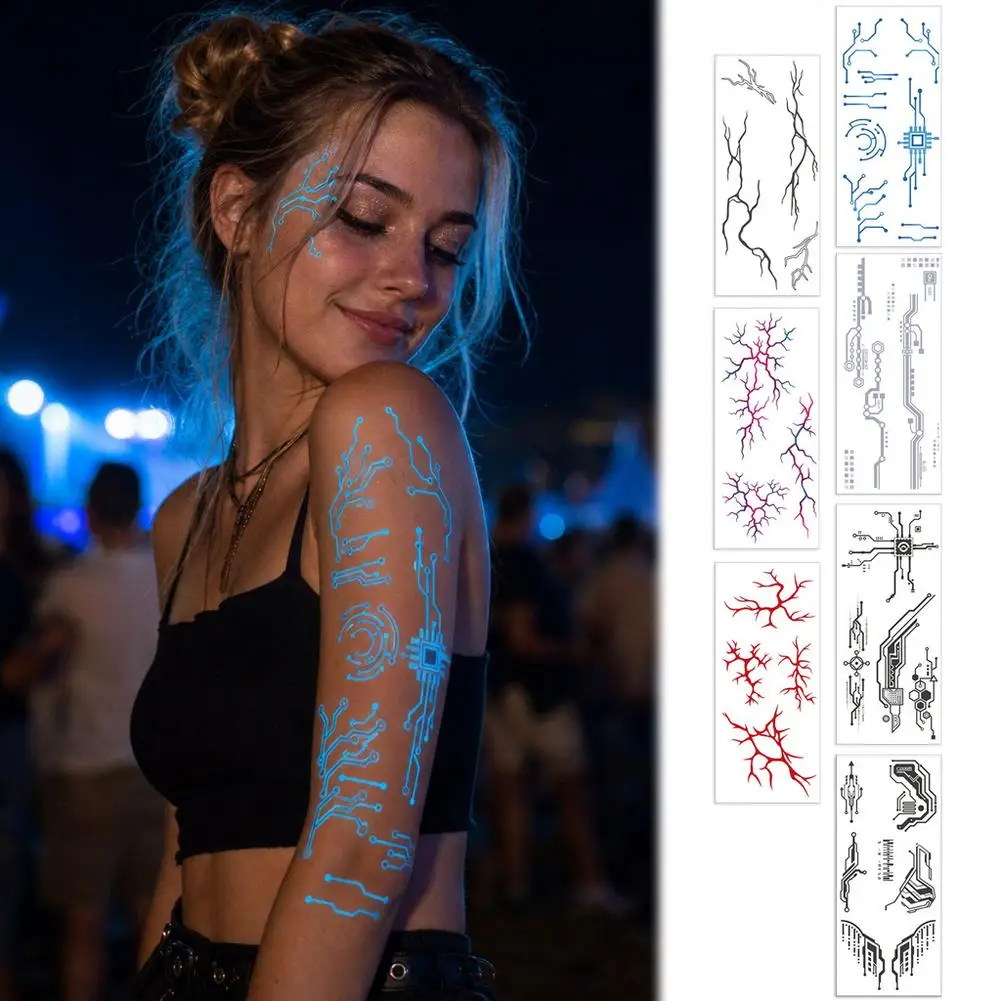 Large Glow In Dark Cyberpunk Mechanical Temporary Tattoos Sci-Fi Robot Line Waterproof Stickers for Cosplay Party 1 Sheet