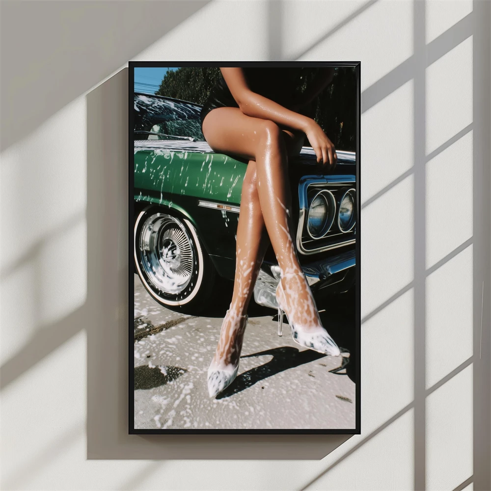 Retro Car Girl Art Print Poster Sexy Lady Bikini Poster Vintage Racing Wall Canvas Painting Decor Home Garage Pin Up Art Decor