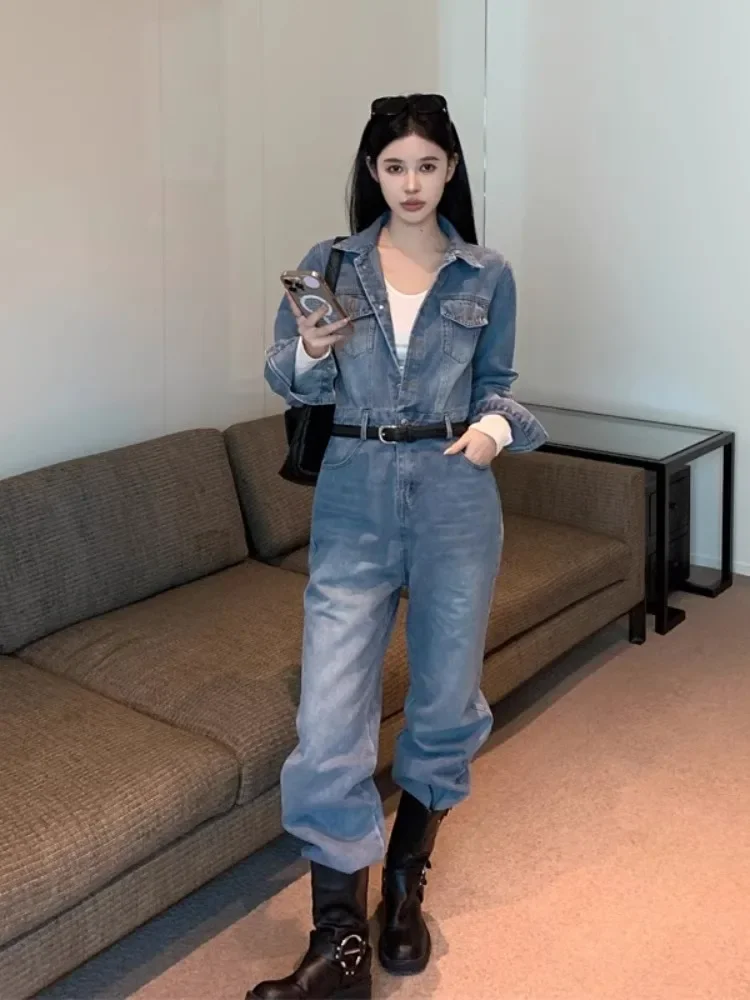 

Синий рабочая одежда, джинсовый комбинезон, женский весенне-осенний новый стильный элитный комбинезон с широкими брюками