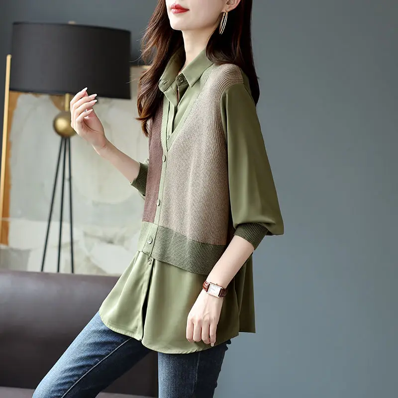 Spring Autumn New Solid Color Fashion Knitting Patchwork Shirt Women High Street Casual Loose Button Fake Two Pieces Y2K Blouse