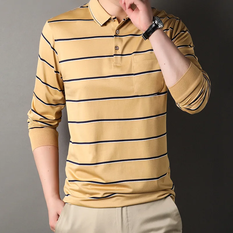 Spring Autumn New Turn-down Collar Men's Striped Polo Shirt Pockets Long Sleeve Business Casual Pullover Loose Fashion Tops