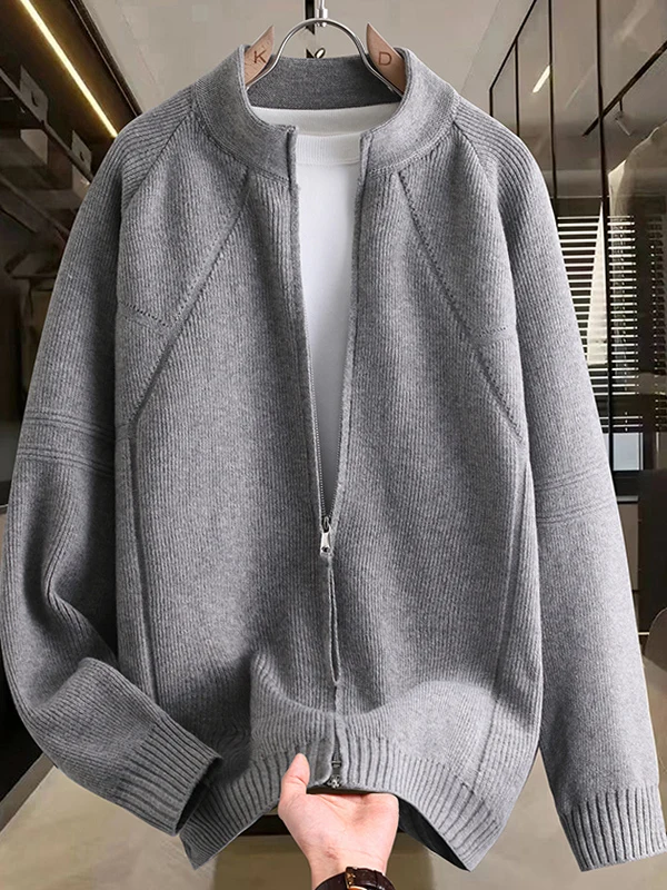 

Мужской повседневный вязаный однотонный свитер-кардиган на молнии, осенне-зимний, свободного кроя, в американском стиле, с воротником-стойкой