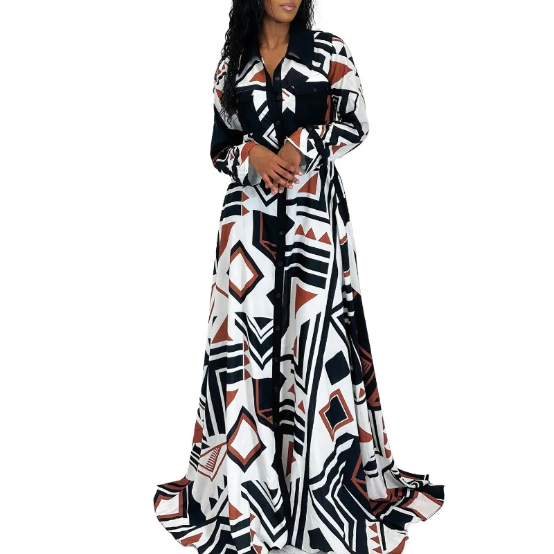 African Shirt Maxi Dress Women High Waist Full Sleeve Robes Spring New Fashion Print Elegant Streetwear African Dresses Vestidos