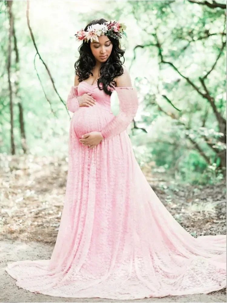 Maternity Lace Long Sleeve Dresses Photo Shoot Pregnancy Photography Baby Shower Maxi Gown Wedding Dress Pregnant Women Clothing