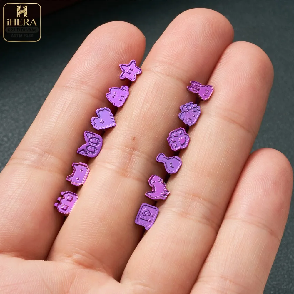 80V ASTM F136 Titan Lila Pixel Niedliches Ohrring-Set Retro Gamer Labret Piercing Helix Tragus Conch Nasenknorpel Ohrstecker Set – Detail 13