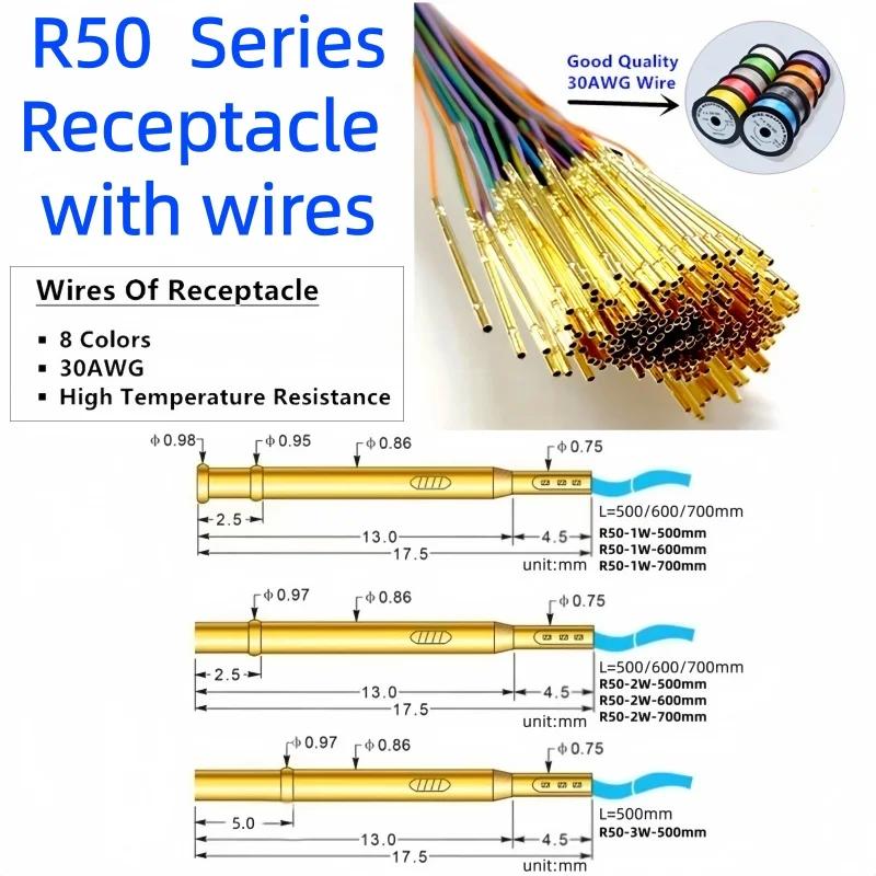 Socket R50-2W7 Length 17.5mm Spring Test Probe Receptacle Bare PCB Pogo Pin Pre-wired wire 30AWG High temperature resistant wire