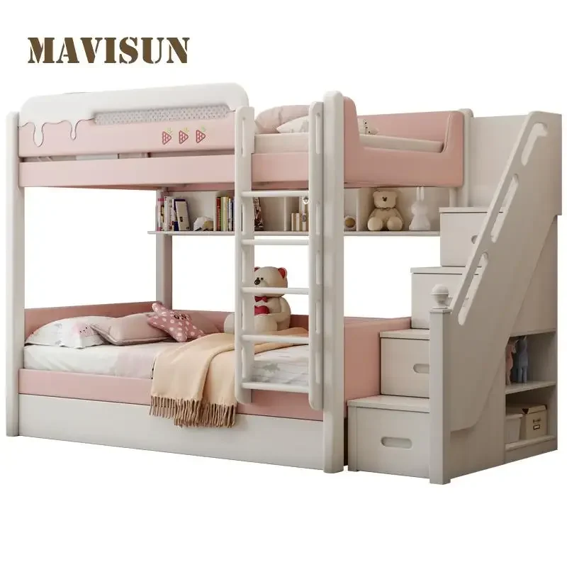 bed Double Bunk  Solid Wood Top And Bottom With The Same Width And Parallel Pink Height  Nordic Luxury Children's  For Girl