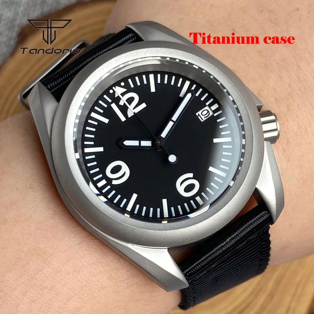 Tandorio Titanium Automatic Mechanical NH35 Men\'s Watch Date Sapphire 3.8 Crown Light Weight Dive Wristwatch Luminous 20BAR MOP