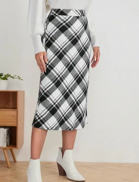 2025 ريترو موضة مزاجه منقوشة تنورة الخريف المرأة النمط الكلاسيكي المألوف سليم صالح عالية الخصر الدافئة ألف خط تنورة طويلة