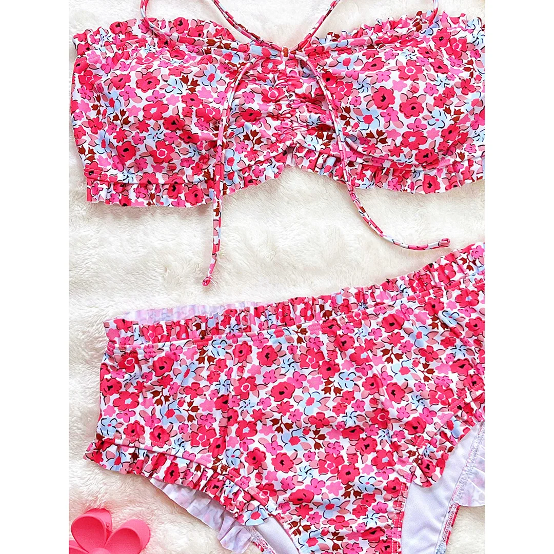 Blumenmuster-Bandeau-Badeanzug für Damen, Bikini mit hoher Taille, zweiteiliges Bikini-Set, Badebekleidung, Badeanzug, Modell V6613. – Detail 17
