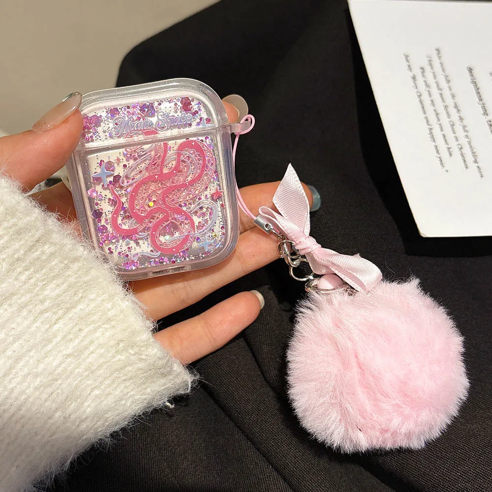 Earphone Case For Apple AirPods 4 2 1 3 Pro 2nd Glitter Pink Snake Headset Cover with Plush Ball Ribbon Bow Keychain Pendant