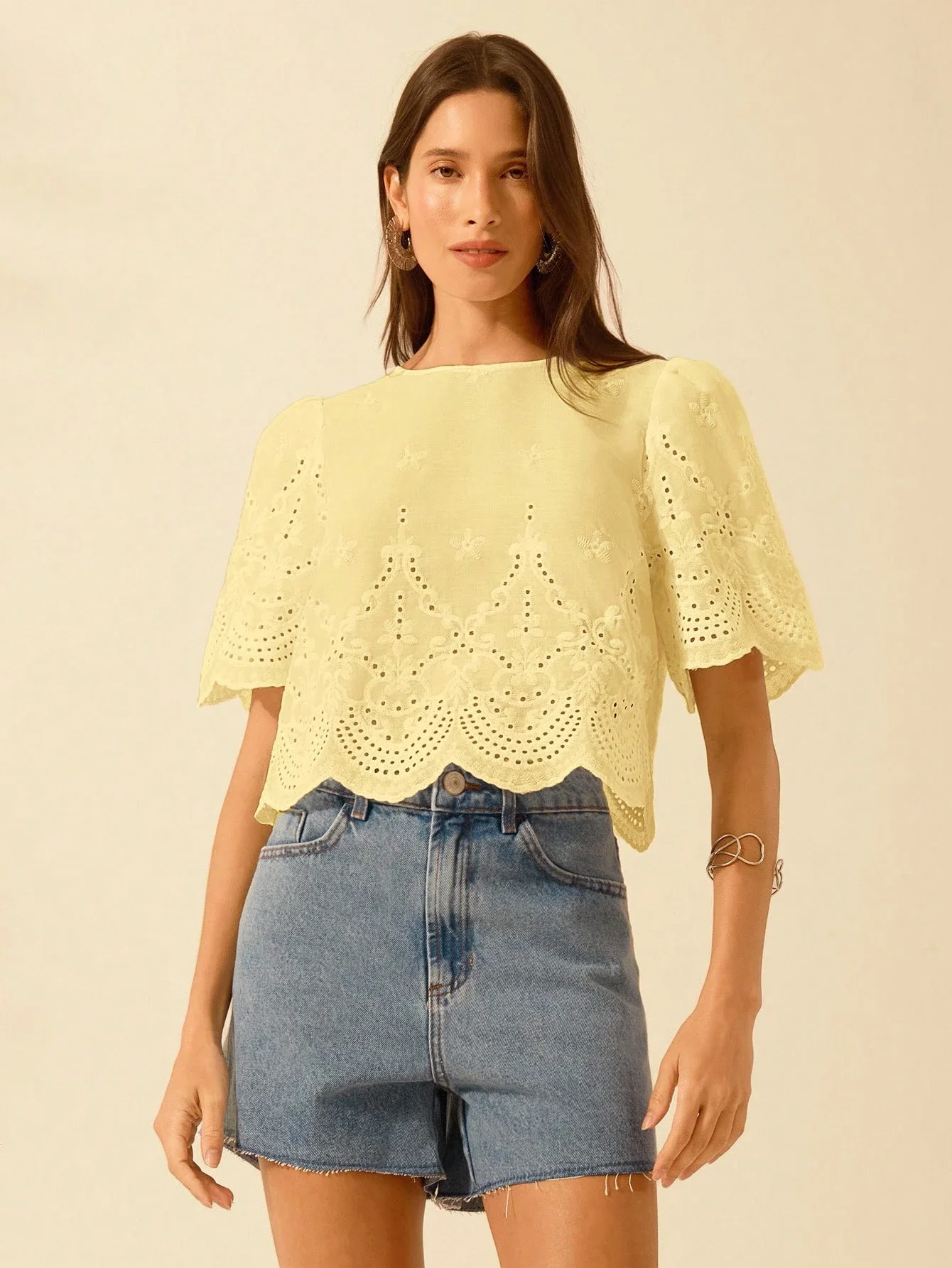 

Women's Cropped Lace Hollow Out Puff Sleeve Casual Top