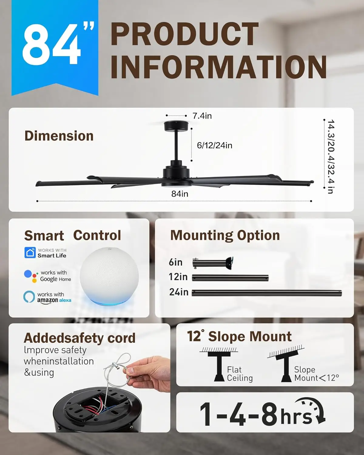Ventilatori da soffitto industriali Smart Alexa da 84" con luce, 6 pale in alluminio a doppio strato, grande ventilatore da soffitto nero con 6 velocità D silenziosa
