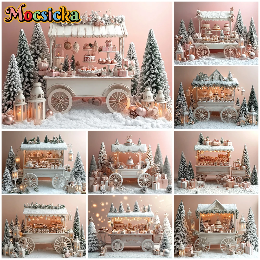 

Mocsicka Christmas Photography Background New Year Pink Cake Crush Tree Decoration Winter Snow Birthday Photo Backdrop Wallpaper