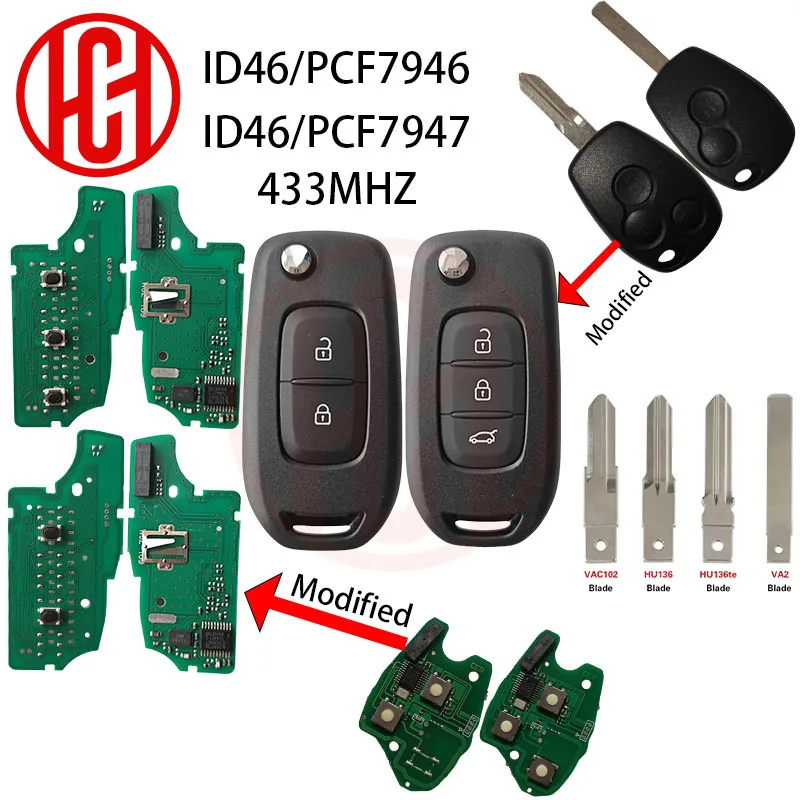 Modified ID46 PCF7946/7947 Chip 433MHz Car Remote Control Key For Renault Logan Master Twingo Clio Kangoo Modus Traffic Dacia