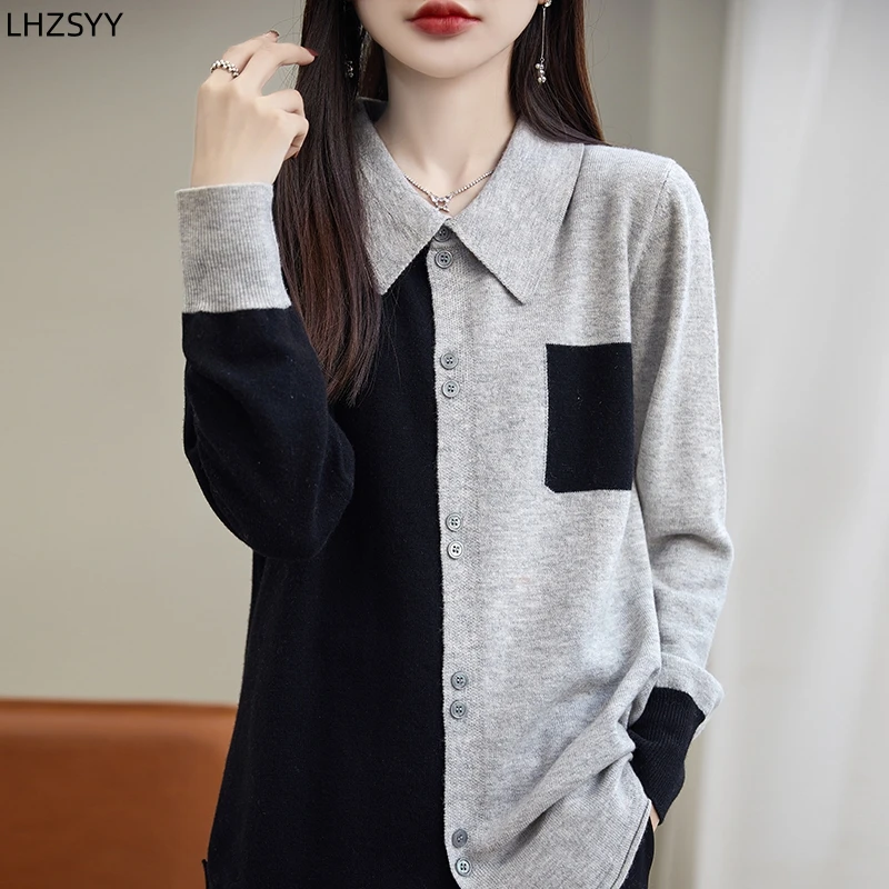 

LHZSYY Ladies' 100%Wool Cardigan 2024Spring Loose Thin Shirt POLO Neck Color Matching Base Shirt Fashion Sweater Coat Lapel Tops